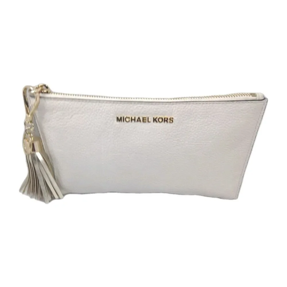 Michael Kors Leather Clutch Purse Off White Tassel & Key Ring Accents
